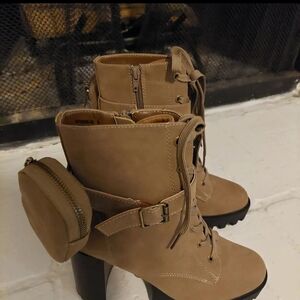 BAMBOO Tan Lace Up Boots with Pouch